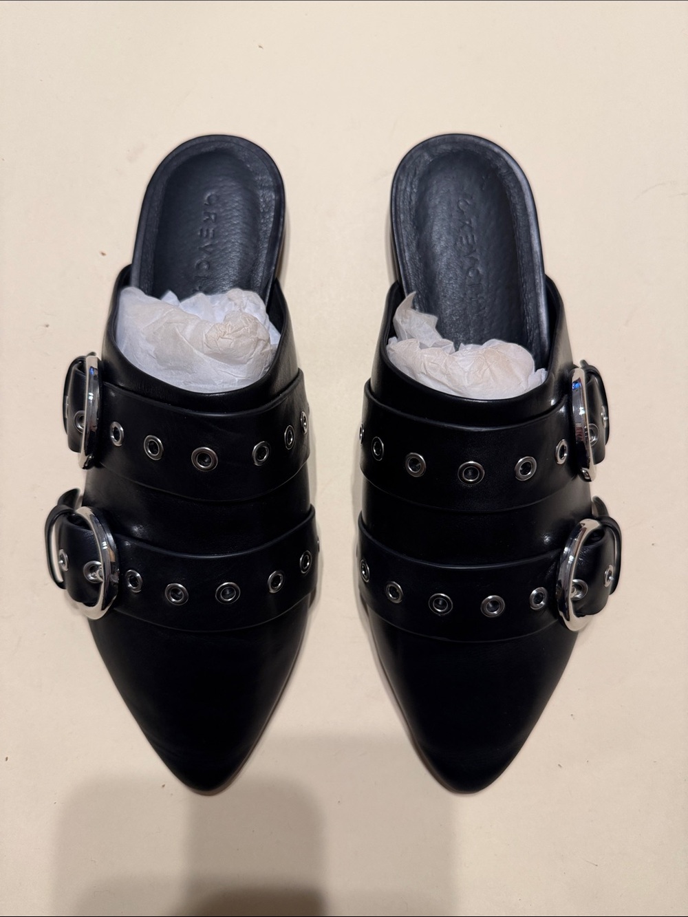 Pointed Black Leather Mule with Buckle Straps - Women